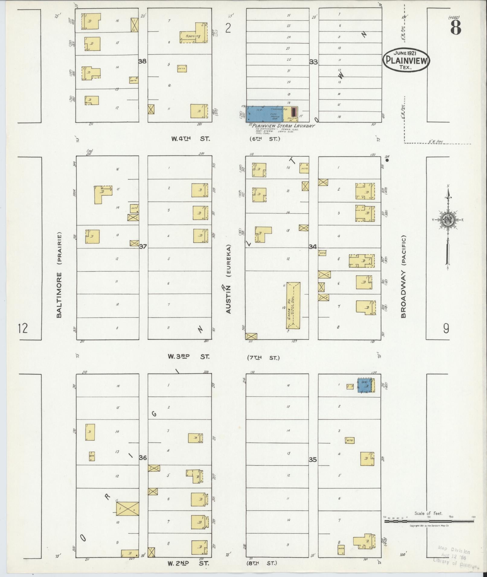Sanborn Fire Insurance Map from Plainview, Hale County, Texas (1921), Sheet #0008 - Complete Map Set gallery image, historic Sanborn map, vintage wall art, Texas Texas