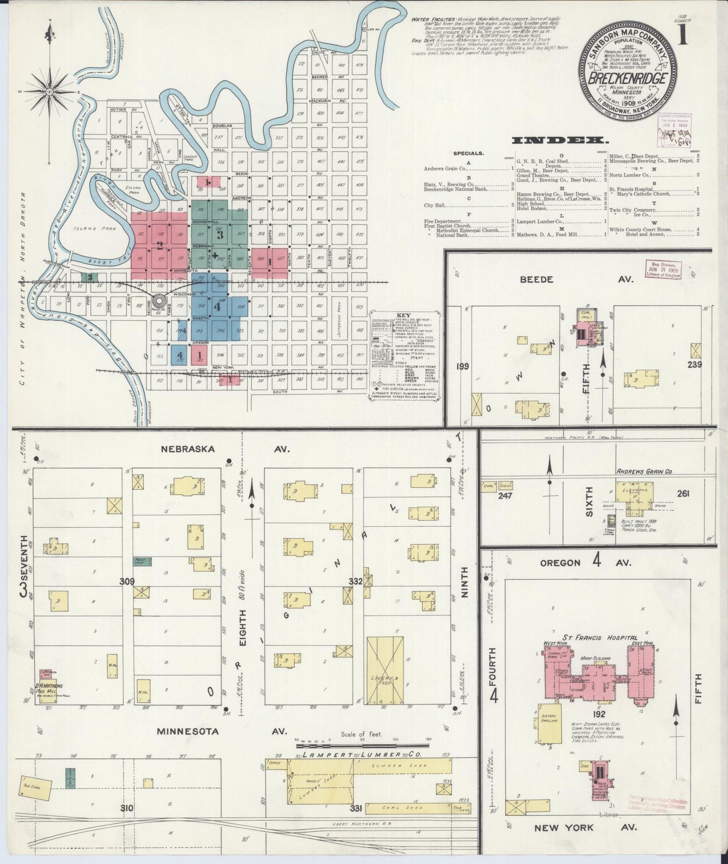 Sanborn Fire Insurance Map from Breckenridge, Wilkin County, Minnesota (1909), Sheet #0001 - Historic Sanborn Fire Insurance Map Print, vintage old map wall art, antique decor, genealogy gift, Minnesota Minnesota map