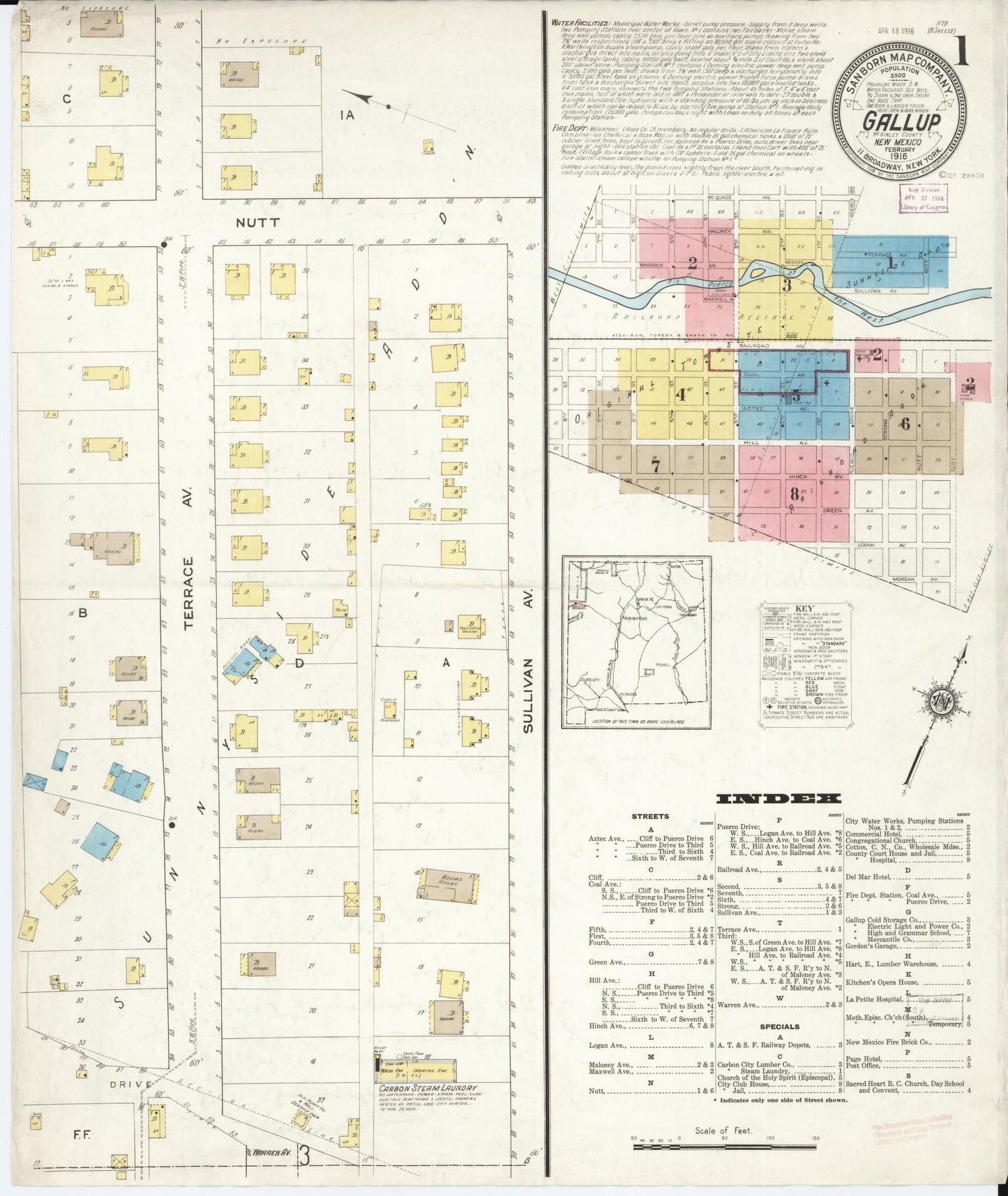 Sanborn Fire Insurance Map from Gallup, Mckinley County, New Mexico (1916), Sheet #0001 - Historic Sanborn Fire Insurance Map Print, vintage old map wall art, antique decor, genealogy gift, New Mexico New Mexico map