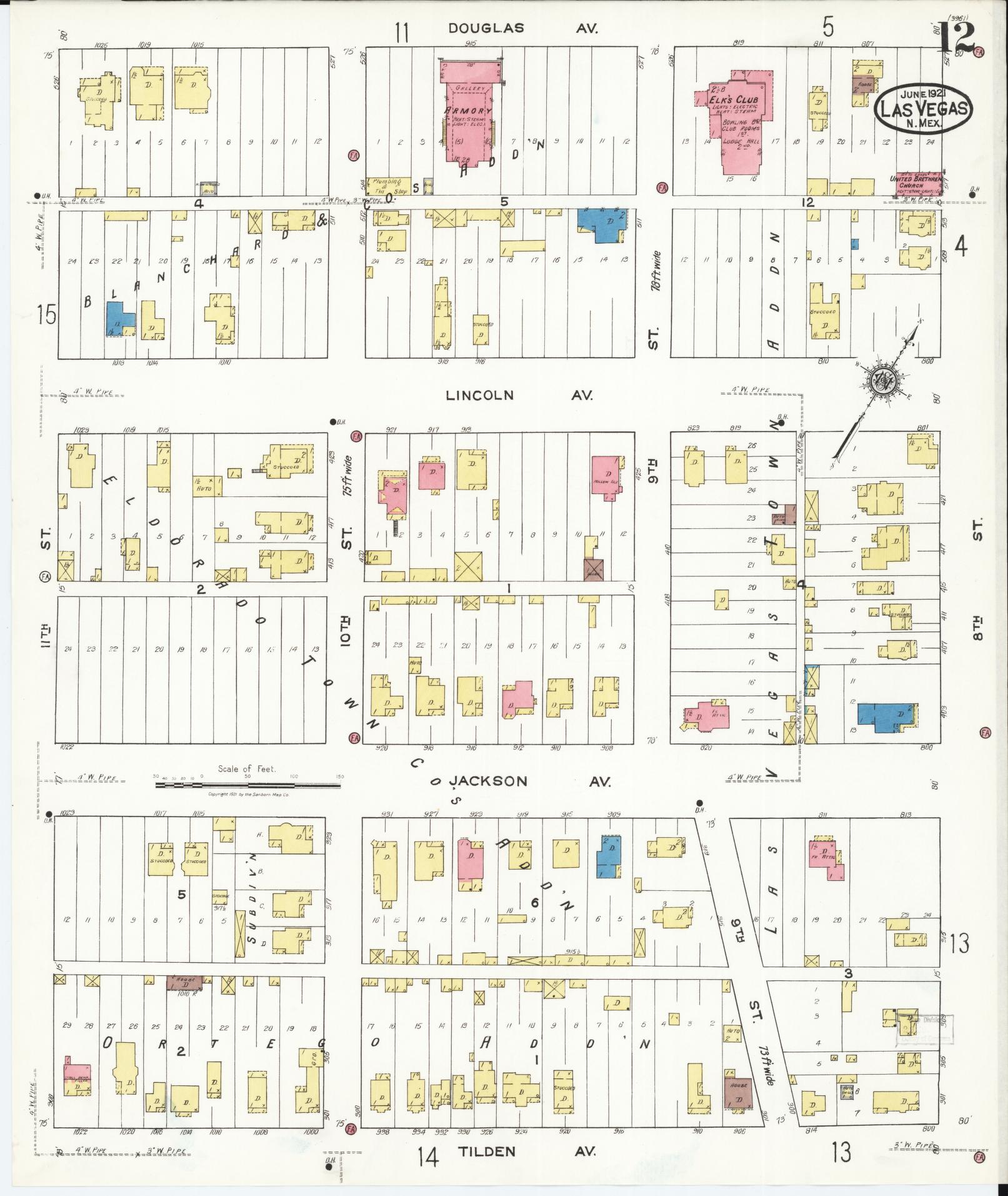 Sanborn Fire Insurance Map from Las Vegas, San Miguel County, New Mexico (1921), Sheet #0012 - Complete Map Set gallery image, historic Sanborn map, vintage wall art, New Mexico New Mexico
