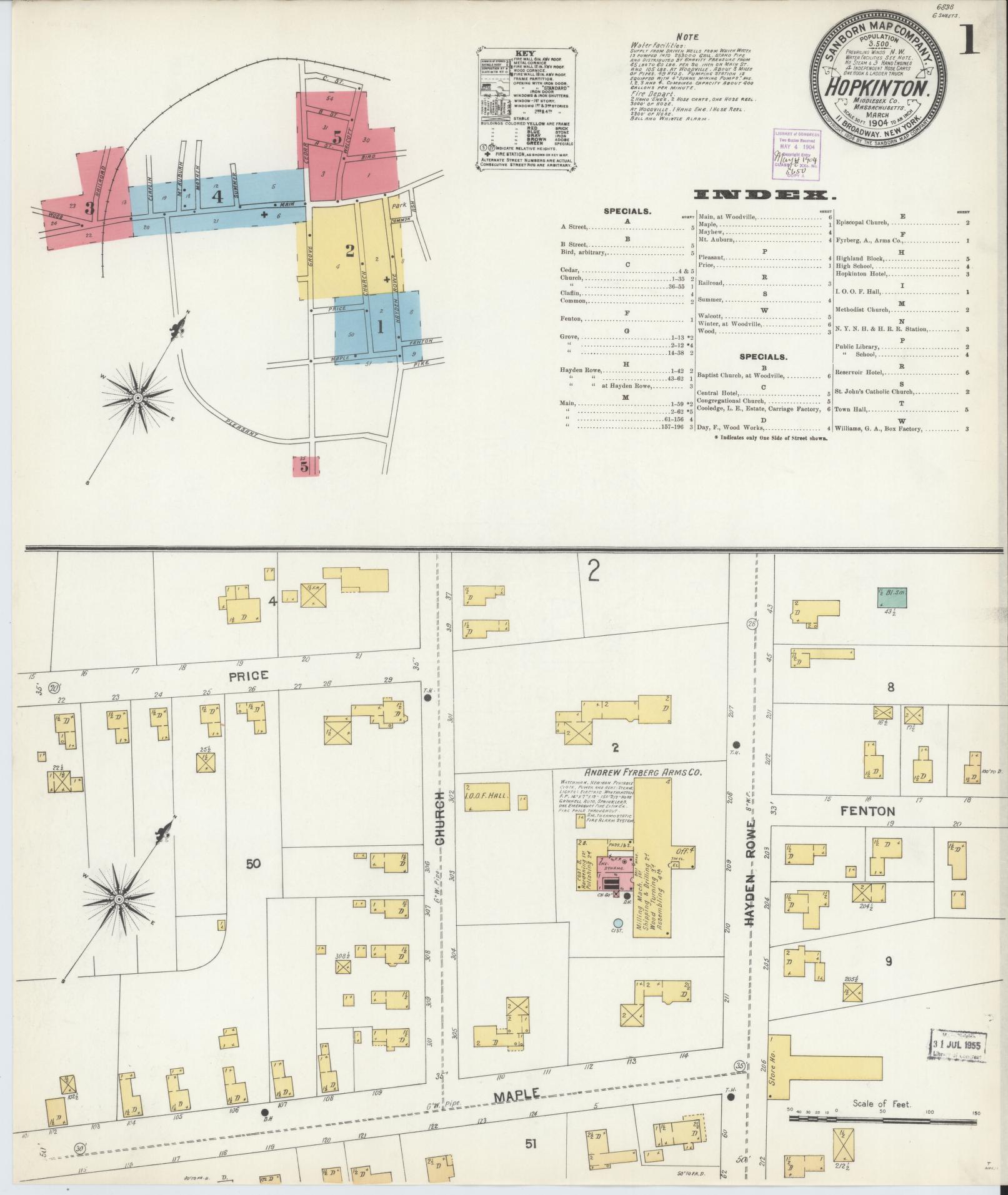 Sanborn Fire Insurance Map from Hopkinton, Middlesex County, Massachusetts (1904), Sheet #0001 - Complete Map Set gallery image, historic Sanborn map, vintage wall art, Massachusetts Massachusetts