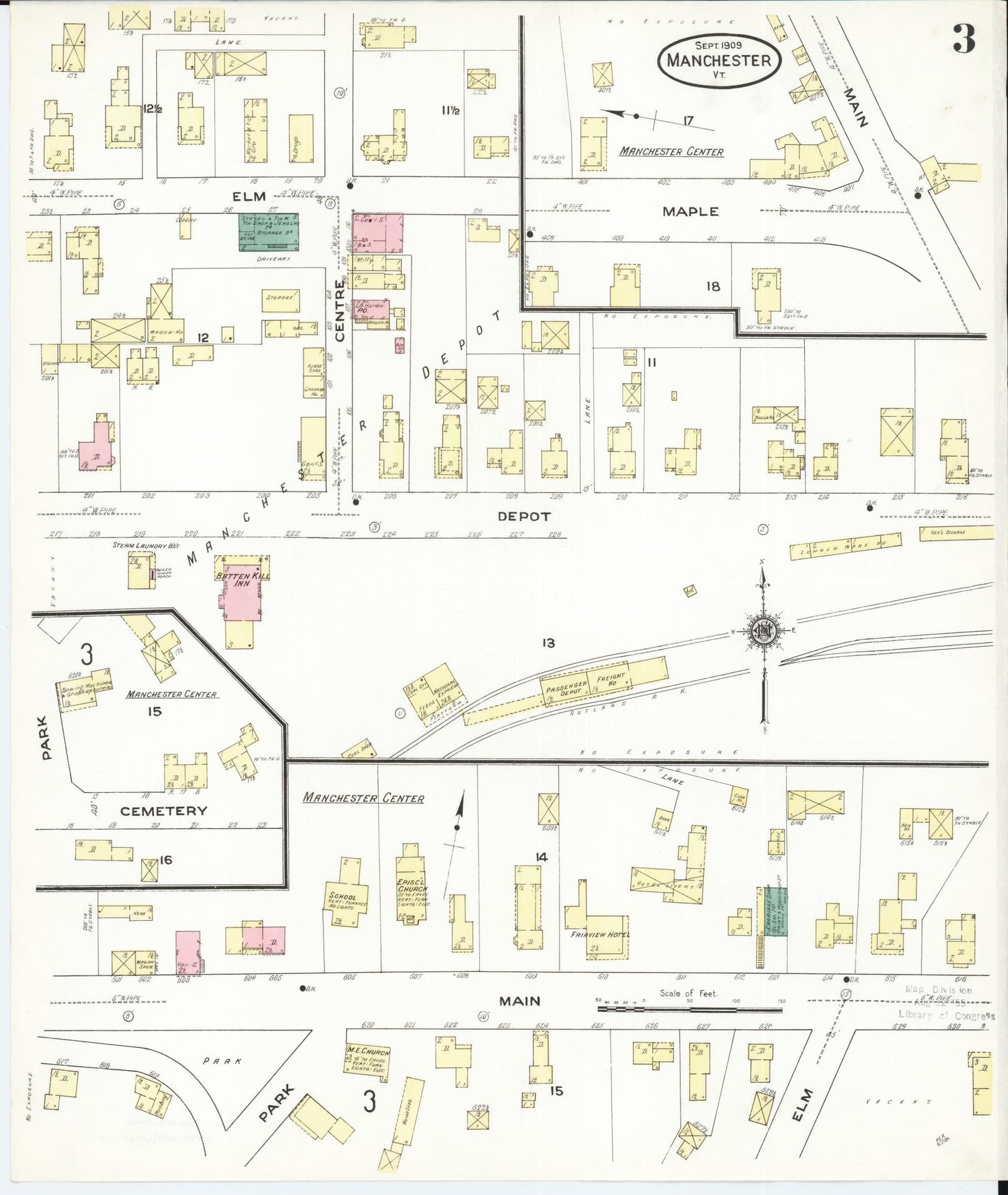Sanborn Fire Insurance Map from Manchester, Bennington County, Vermont (1909), Sheet #0003 - Complete Map Set gallery image, historic Sanborn map, vintage wall art, Vermont Vermont