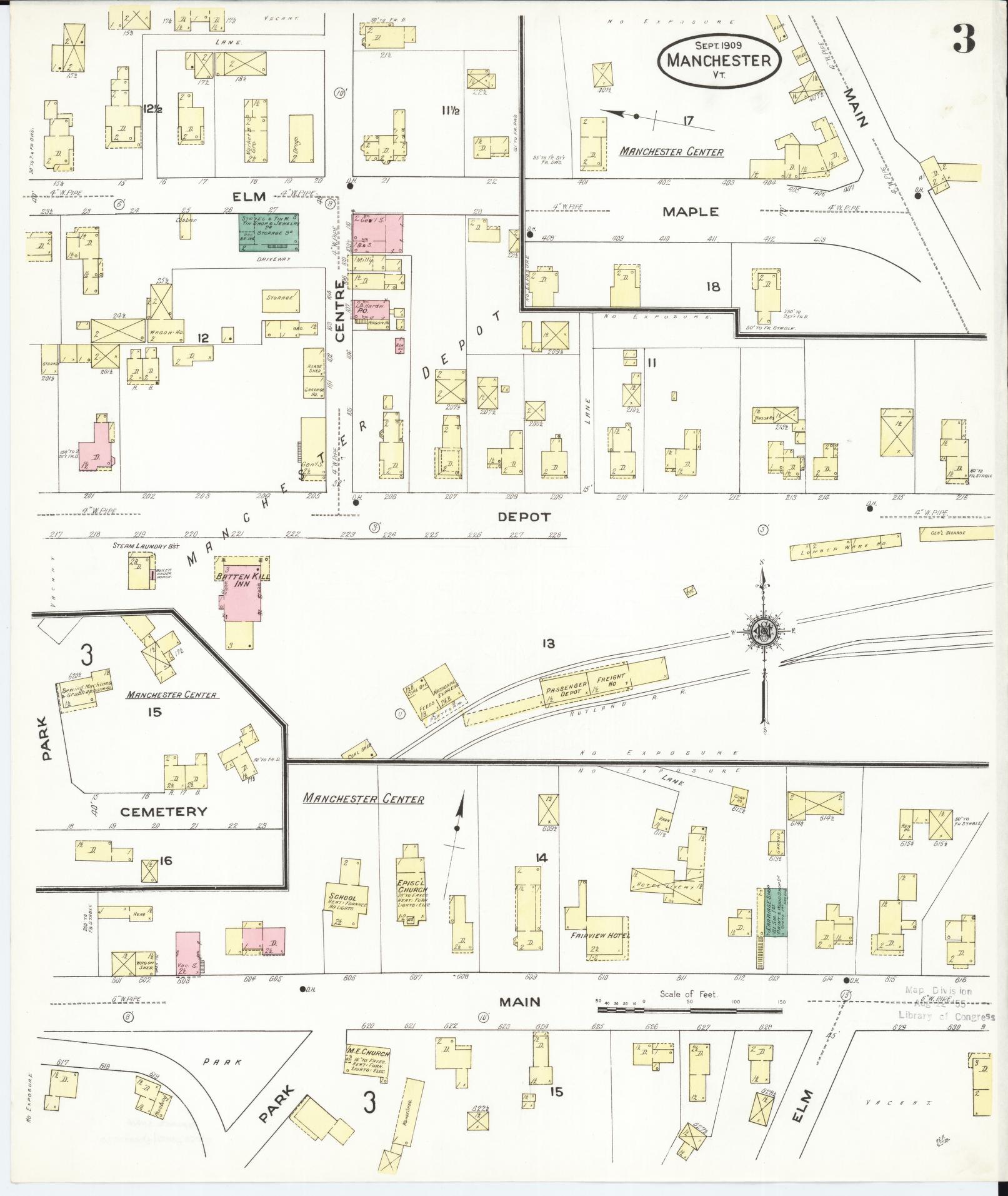 Sanborn Fire Insurance Map from Manchester, Bennington County, Vermont (1909), Sheet #0003 - Complete Map Set gallery image, historic Sanborn map, vintage wall art, Vermont Vermont
