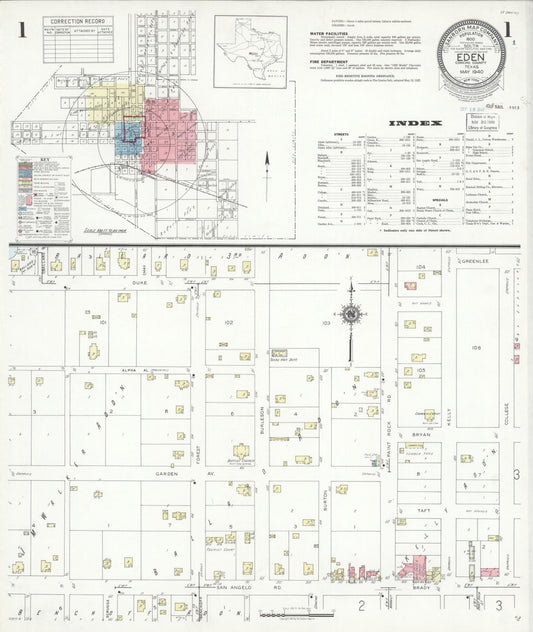 Sanborn Fire Insurance Map from Eden, Concho County, Texas (1940), Sheet #0001 - Complete Map Set gallery image, historic Sanborn map, vintage wall art, Texas Texas