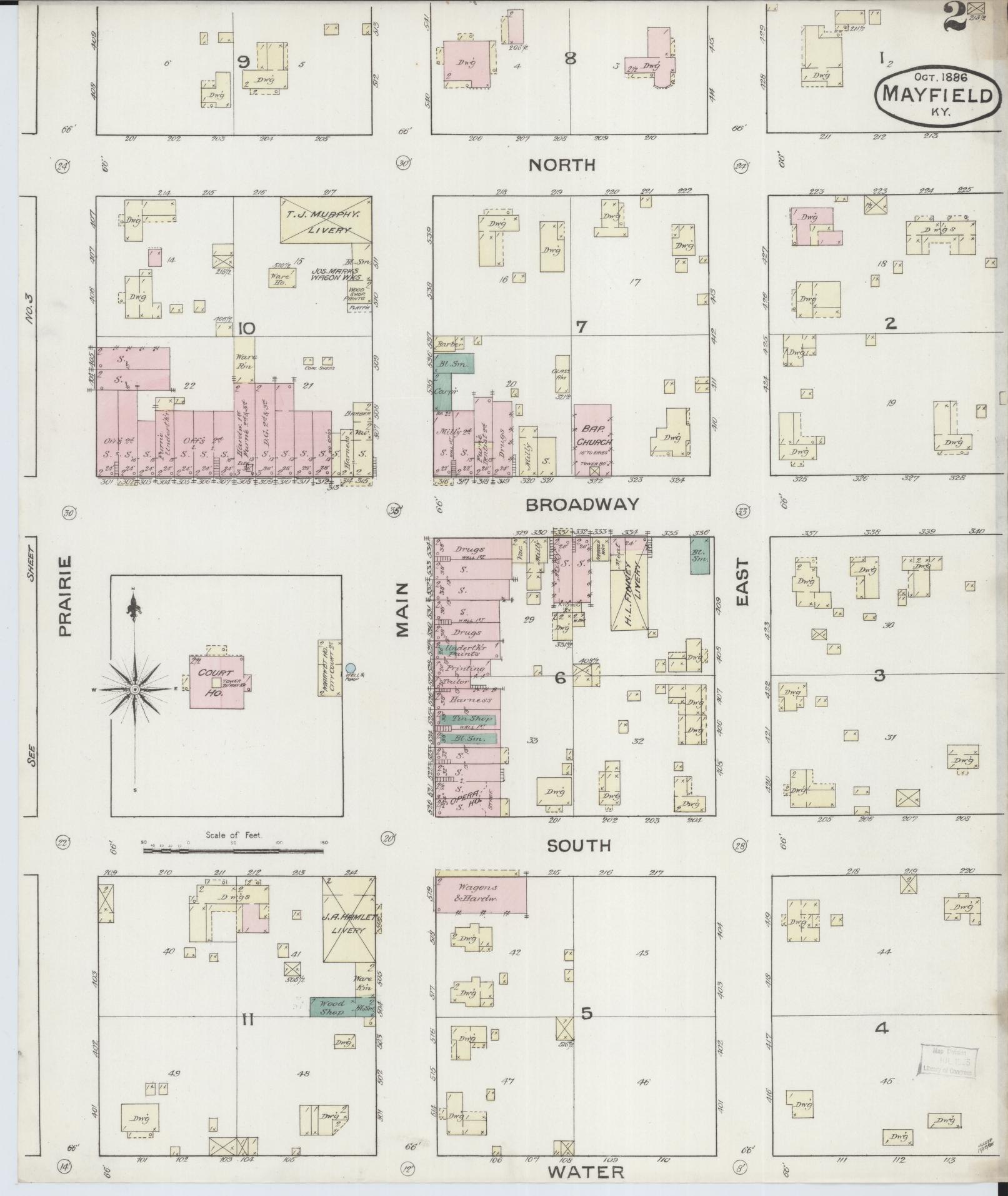 Sanborn Fire Insurance Map from Mayfield, Graves County, Kentucky (1886), Sheet #0002 - Complete Map Set gallery image, historic Sanborn map, vintage wall art, Kentucky Kentucky