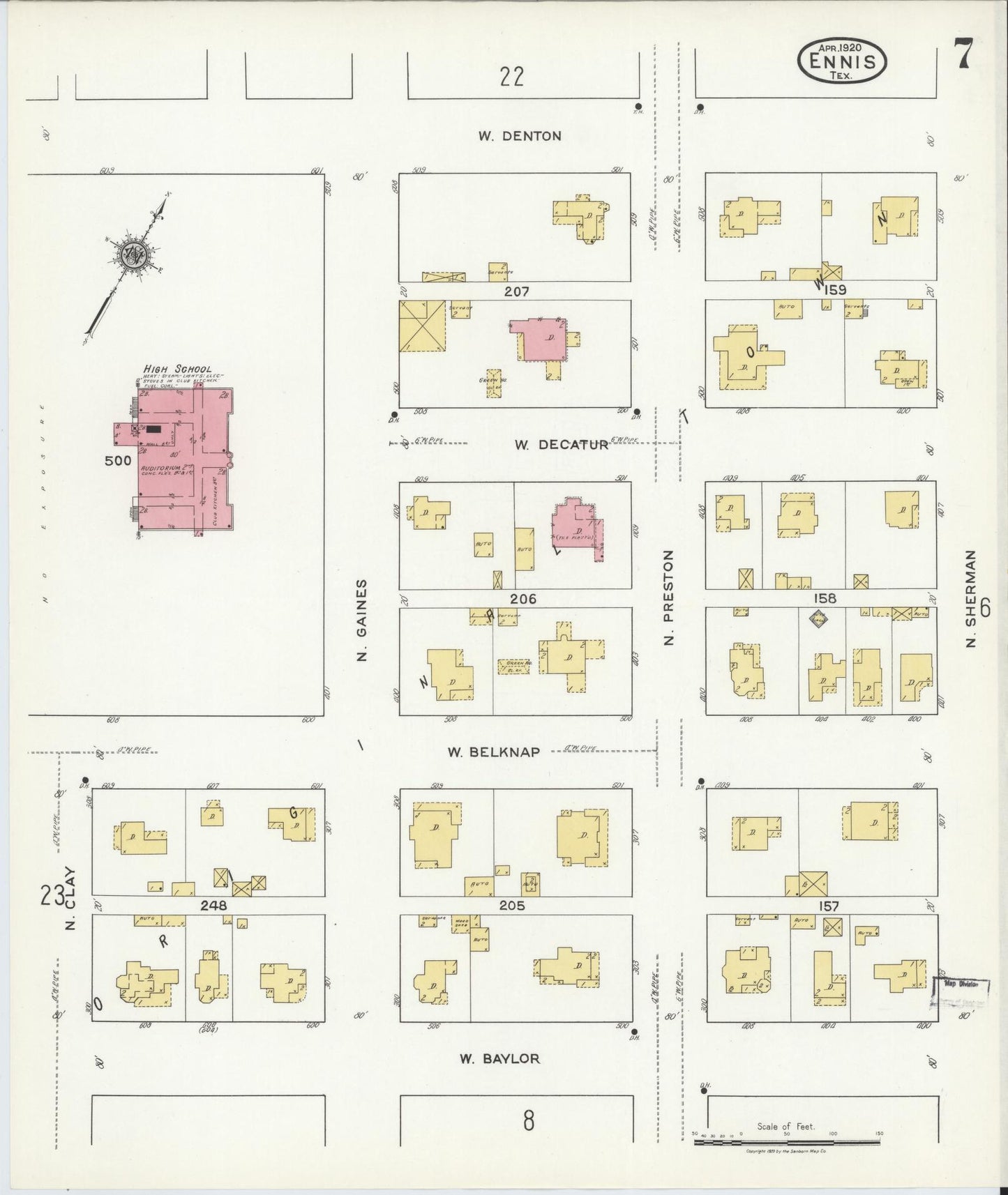 Sanborn Fire Insurance Map from Ennis, Ellis County, Texas (1920), Sheet #0007 - Historic Sanborn Fire Insurance Map Print, vintage old map wall art, antique decor, genealogy gift, Texas Texas map