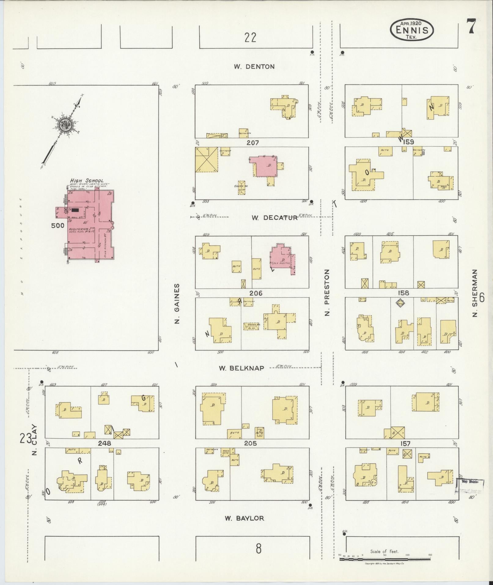 Sanborn Fire Insurance Map from Ennis, Ellis County, Texas (1920), Sheet #0007 - Historic Sanborn Fire Insurance Map Print, vintage old map wall art, antique decor, genealogy gift, Texas Texas map