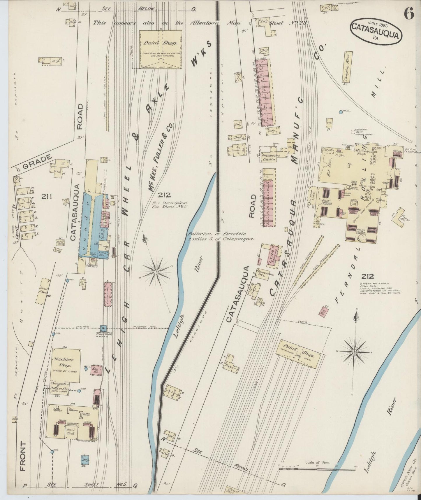 Sanborn Fire Insurance Map from Catasauqua, Lehigh County, Pennsylvania (1885), Sheet #0006 - Historic Sanborn Fire Insurance Map Print, vintage old map wall art, antique decor, genealogy gift, Pennsylvania Pennsylvania map