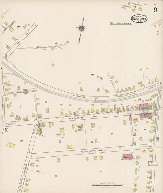 Sanborn Fire Insurance Map from Gastonia, Gaston County, North Carolina (1922), Sheet #0009 - Historic Sanborn Fire Insurance Map Print, vintage old map wall art, antique decor, genealogy gift, North Carolina North Carolina map