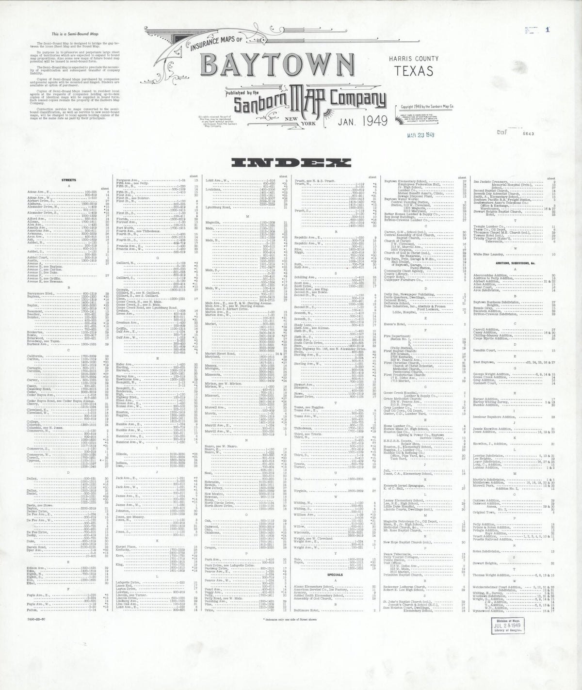 Sanborn Fire Insurance Map from Baytown, Harris County, Texas (1949), Sheet #0001 - Historic Sanborn Fire Insurance Map Print, vintage old map wall art, antique decor, genealogy gift, Texas Texas map