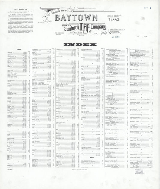 Sanborn Fire Insurance Map from Baytown, Harris County, Texas (1949), Sheet #0001 - Historic Sanborn Fire Insurance Map Print, vintage old map wall art, antique decor, genealogy gift, Texas Texas map