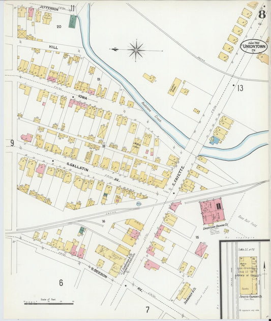 Sanborn Fire Insurance Map from Uniontown, Fayette County, Pennsylvania (1901), Sheet #0008 - Historic Sanborn Fire Insurance Map Print, vintage old map wall art, antique decor, genealogy gift, Pennsylvania Pennsylvania map