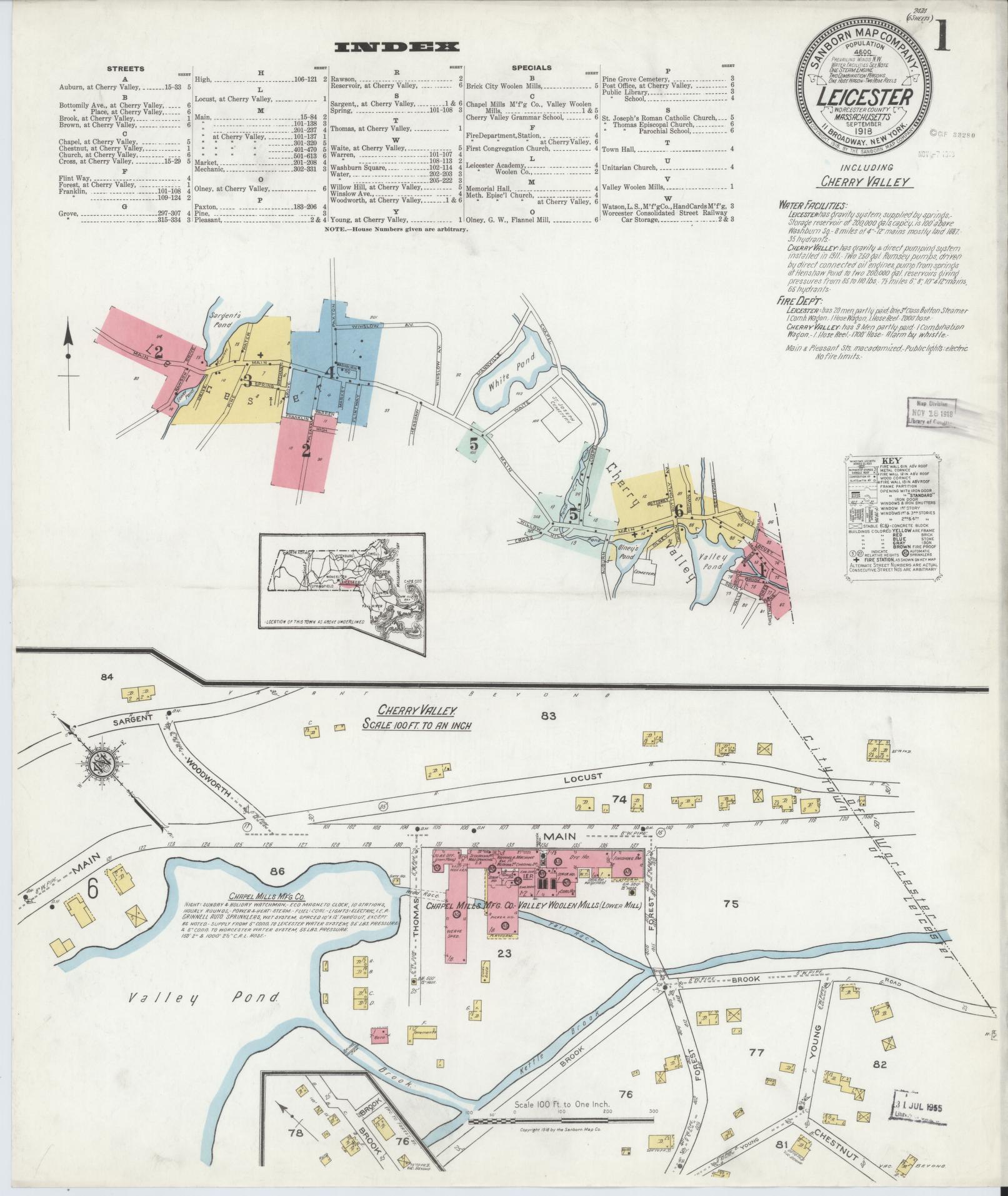 Sanborn Fire Insurance Map from Leicester, Worcester County, Massachusetts (1918), Sheet #0001 - Complete Map Set gallery image, historic Sanborn map, vintage wall art, Massachusetts Massachusetts