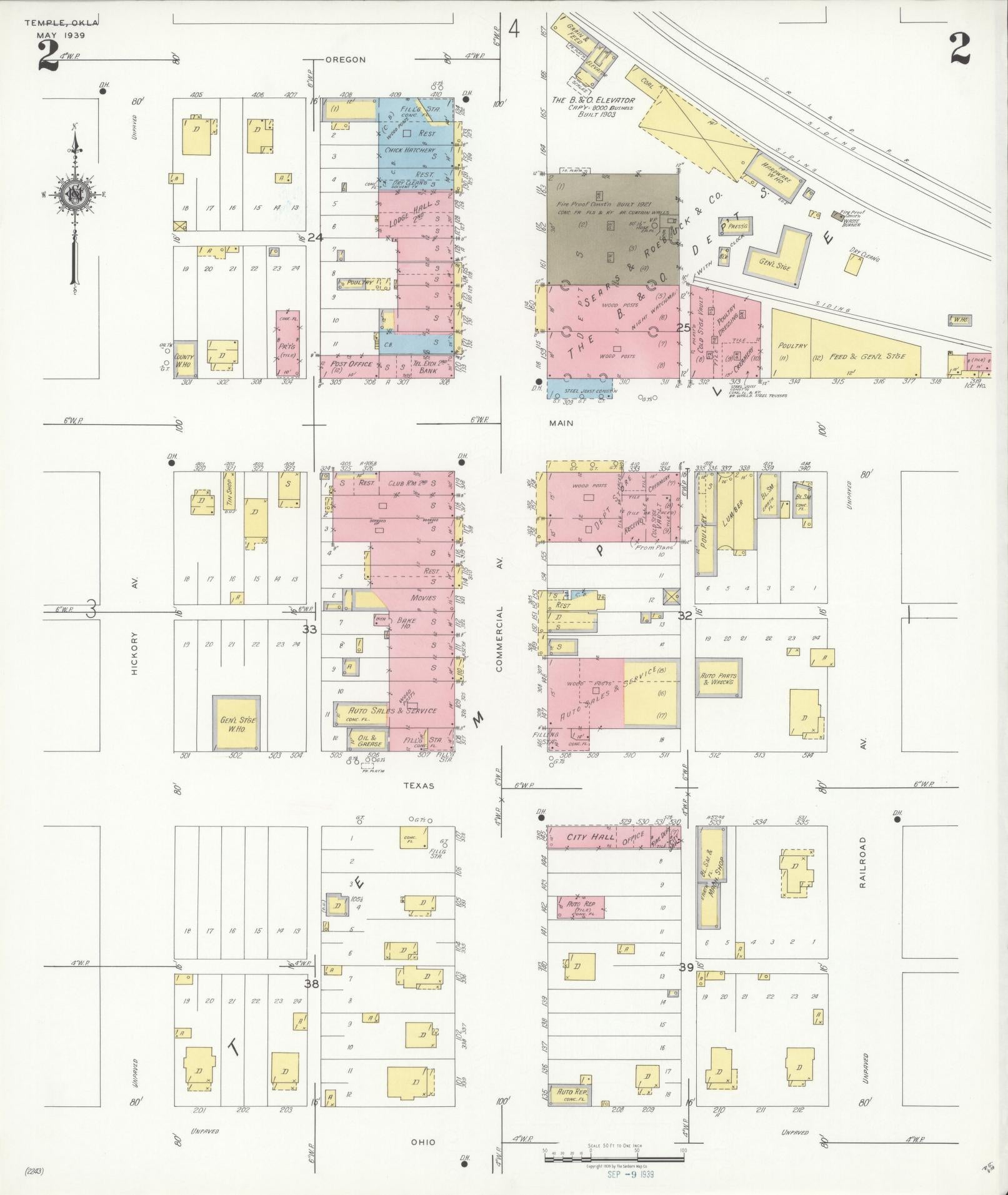 Sanborn Fire Insurance Map from Temple, Cotton County, Oklahoma (1939), Sheet #0002 - Complete Map Set gallery image, historic Sanborn map, vintage wall art, Oklahoma Oklahoma