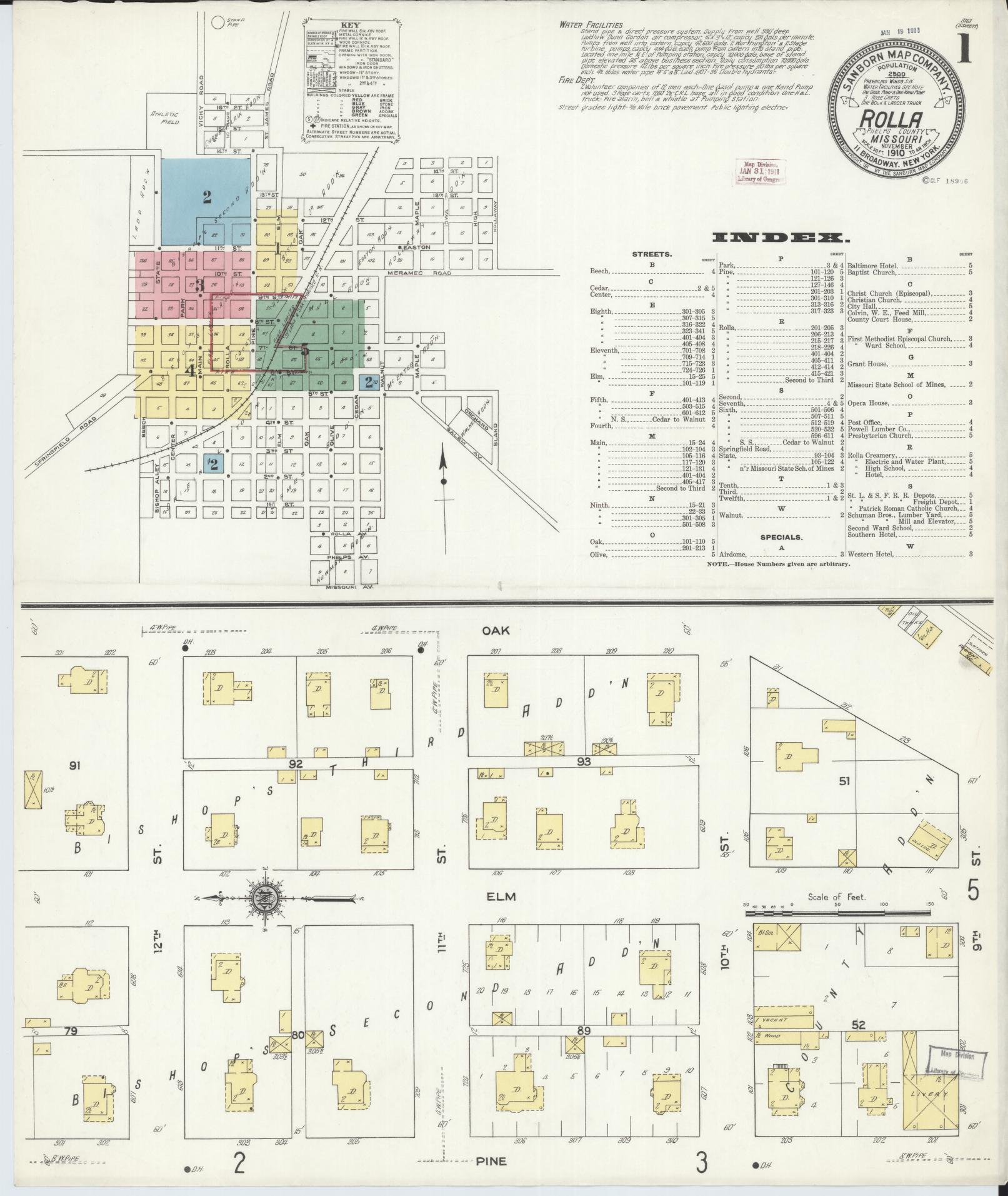 Sanborn Fire Insurance Map from Rolla, Phelps County, Missouri (1910), Sheet #0001 - Complete Map Set gallery image, historic Sanborn map, vintage wall art, Missouri Missouri
