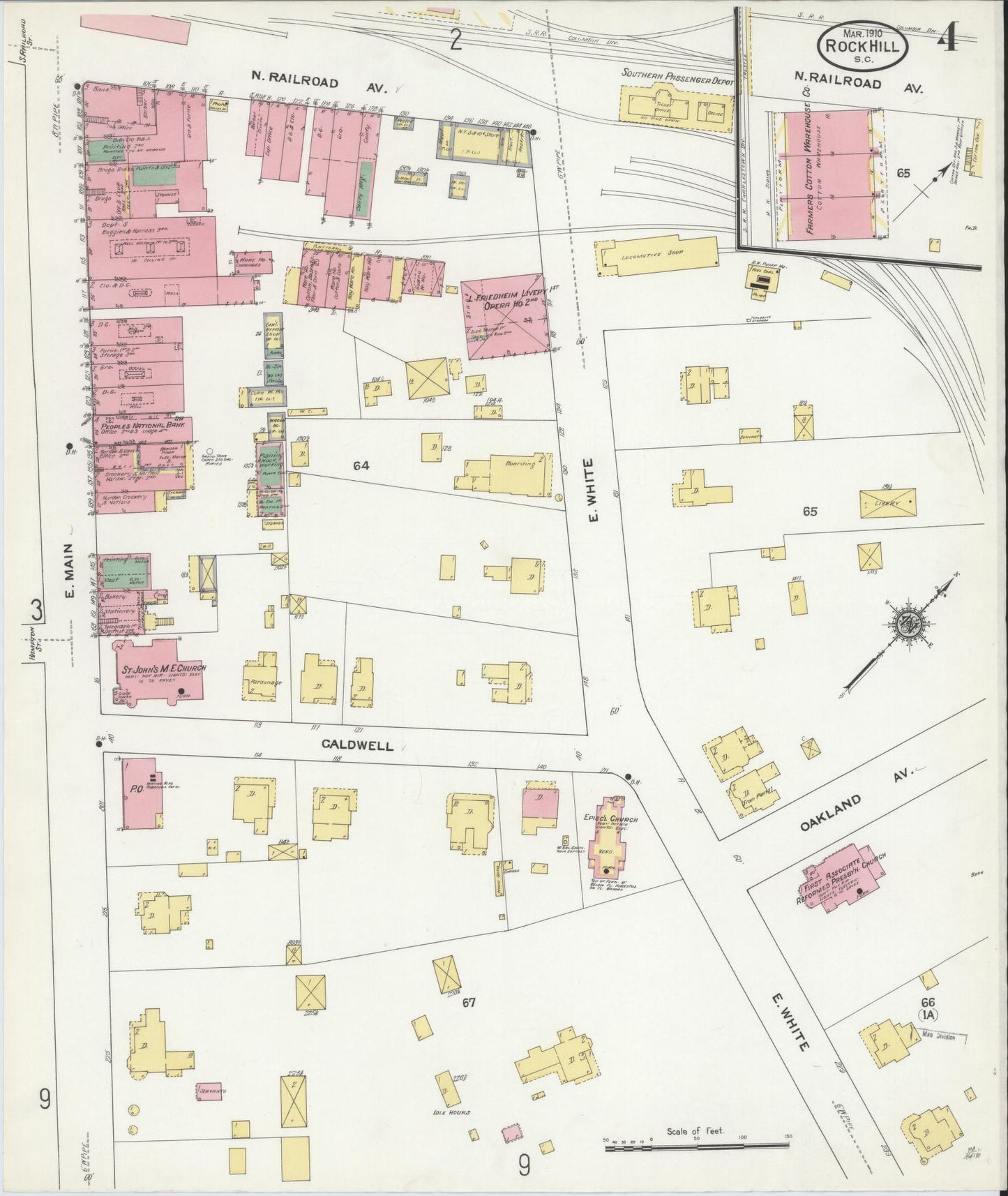 Sanborn Fire Insurance Map from Rock Hill, York County, South Carolina (1910), Sheet #0004 - Historic Sanborn Fire Insurance Map Print, vintage old map wall art, antique decor, genealogy gift, South Carolina South Carolina map