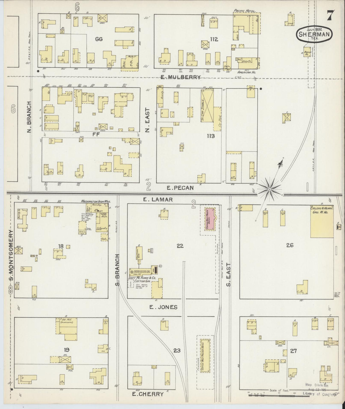 Sanborn Fire Insurance Map from Sherman, Grayson County, Texas (1892), Sheet #0007 - Historic Sanborn Fire Insurance Map Print, vintage old map wall art, antique decor, genealogy gift, Texas Texas map
