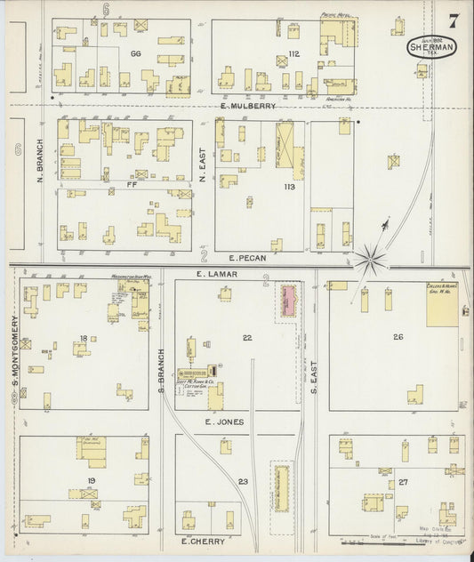 Sanborn Fire Insurance Map from Sherman, Grayson County, Texas (1892), Sheet #0007 - Historic Sanborn Fire Insurance Map Print, vintage old map wall art, antique decor, genealogy gift, Texas Texas map