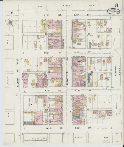 Sanborn Fire Insurance Map from Pueblo, Pueblo County, Colorado (1889), Sheet #0008 - Complete Map Set gallery image, historic Sanborn map, vintage wall art, Colorado Colorado