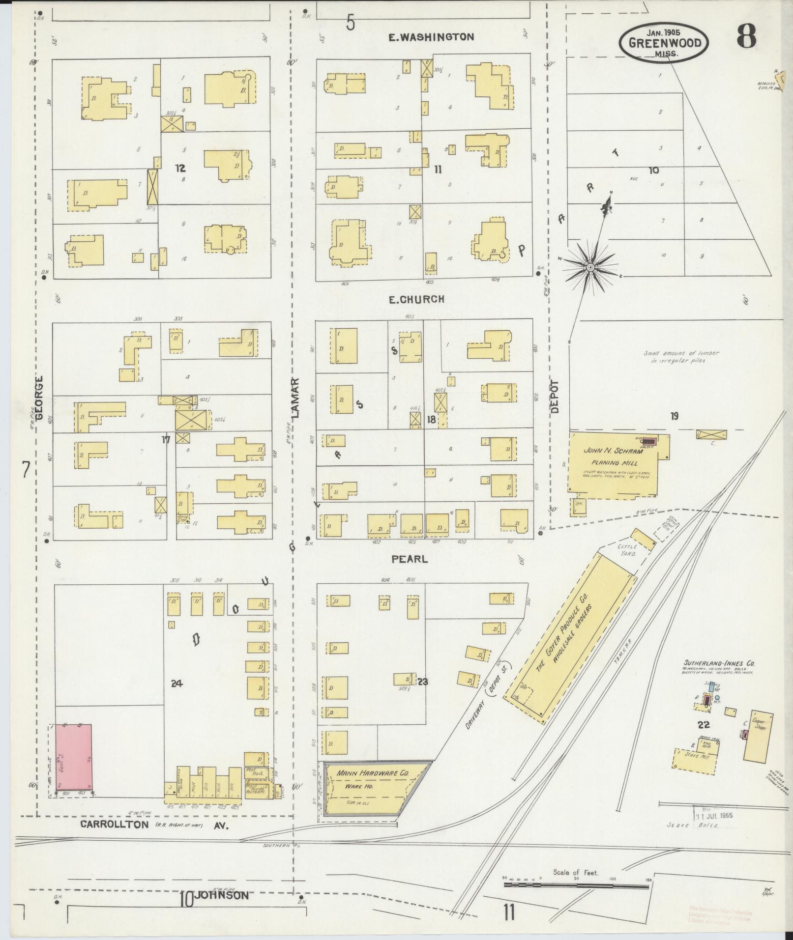 Sanborn Fire Insurance Map from Greenwood, Leflore County, Mississippi (1905), Sheet #0008 - Historic Sanborn Fire Insurance Map Print, vintage old map wall art, antique decor, genealogy gift, Mississippi Mississippi map