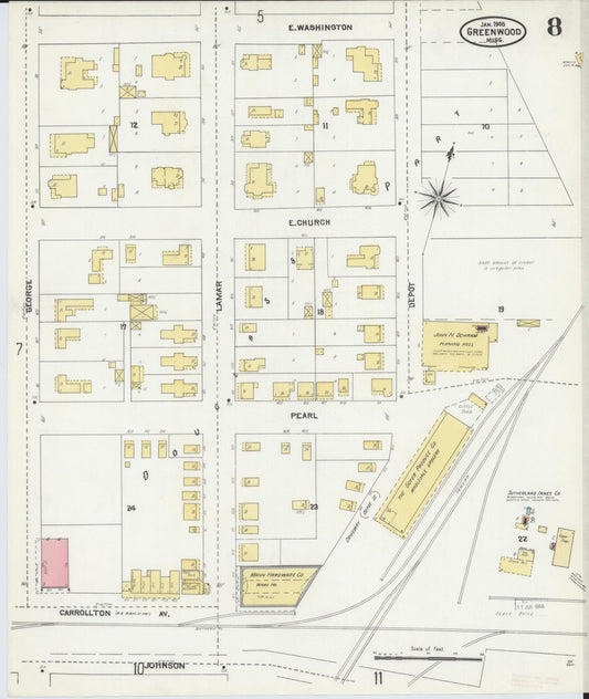 Sanborn Fire Insurance Map from Greenwood, Leflore County, Mississippi (1905), Sheet #0008 - Historic Sanborn Fire Insurance Map Print, vintage old map wall art, antique decor, genealogy gift, Mississippi Mississippi map