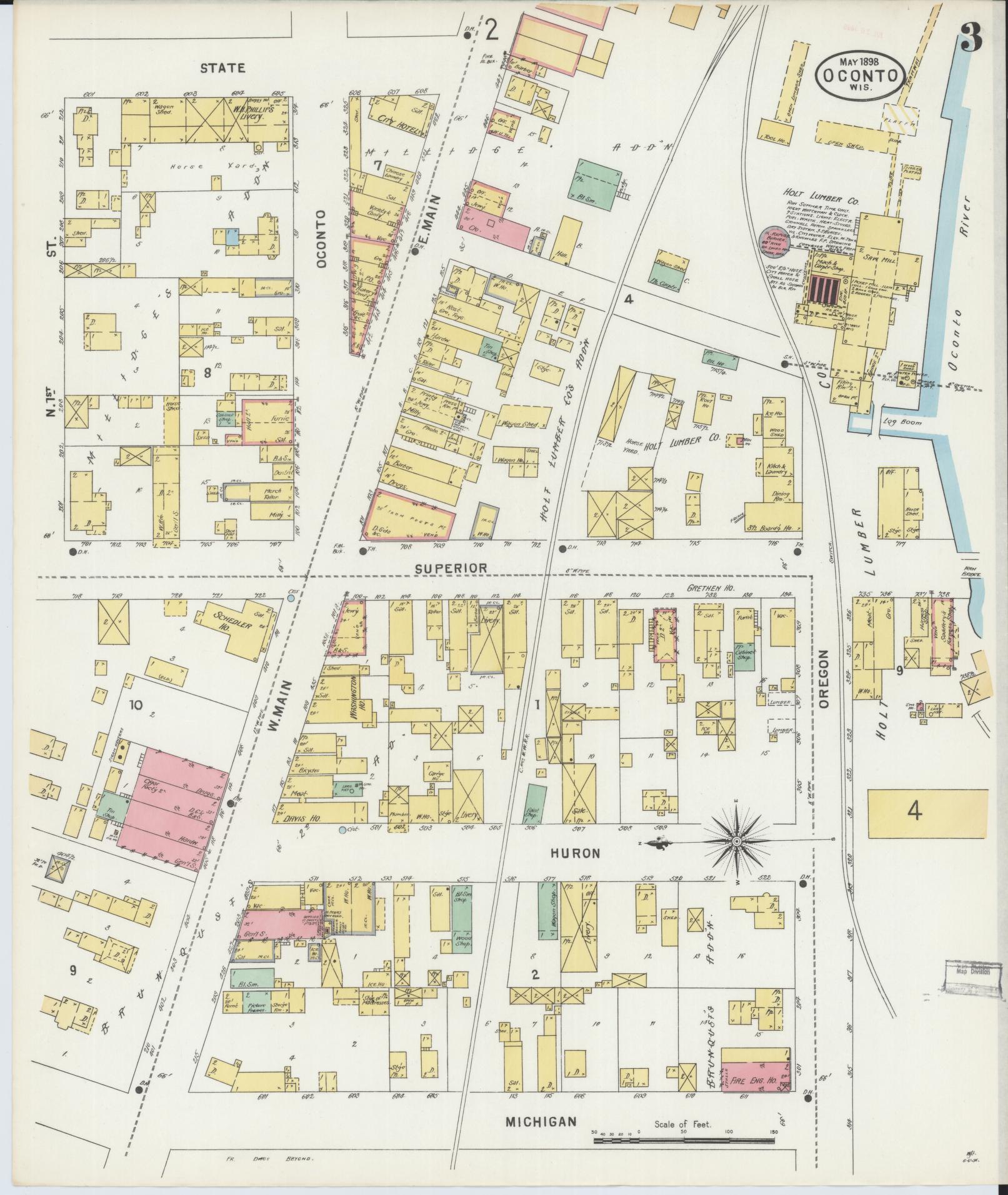 Sanborn Fire Insurance Map from Oconto, Oconto County, Wisconsin (1898), Sheet #0003 - Complete Map Set gallery image, historic Sanborn map, vintage wall art, Wisconsin Wisconsin