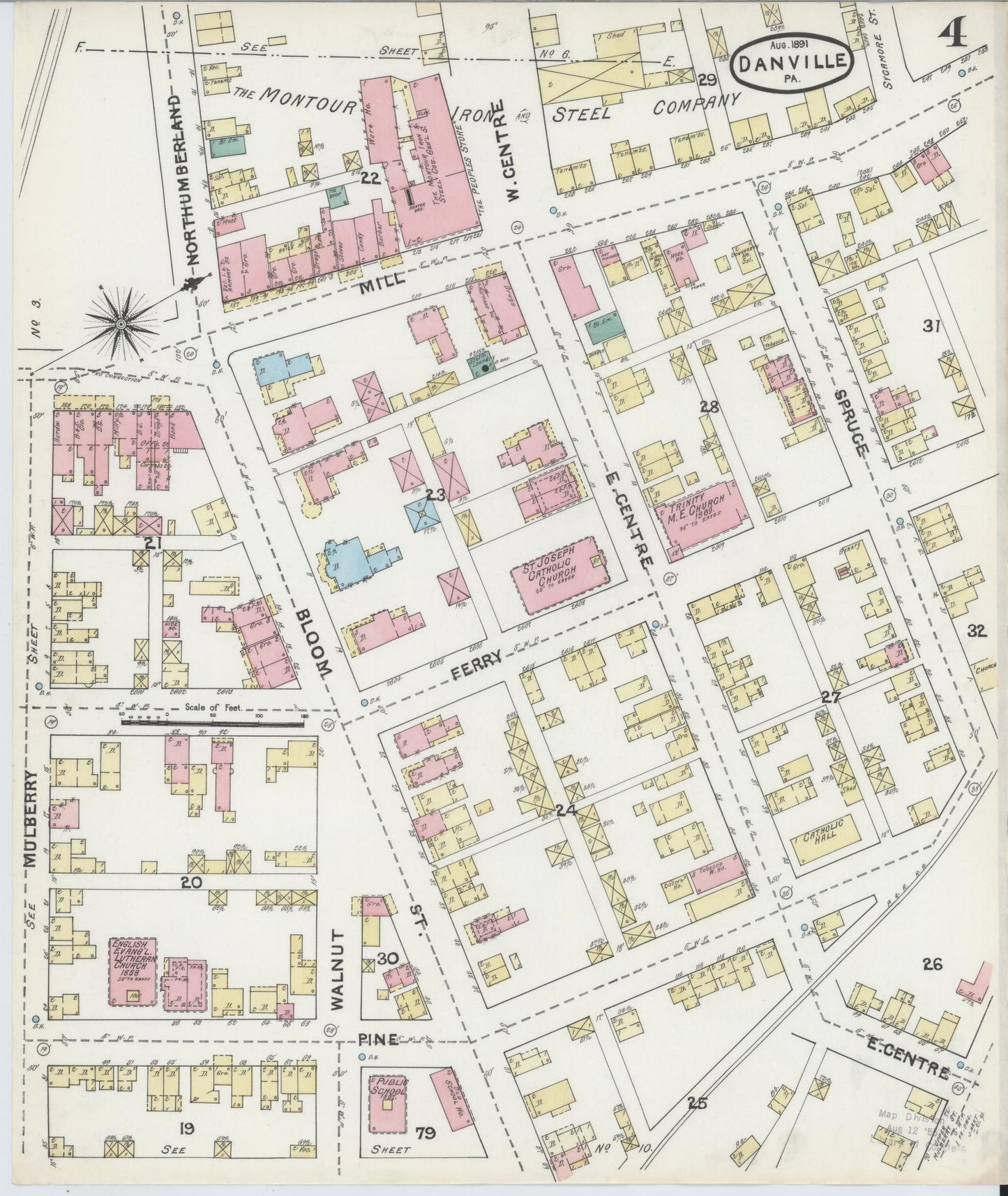 Sanborn Fire Insurance Map from Danville, Montour County, Pennsylvania (1891), Sheet #0004 - Historic Sanborn Fire Insurance Map Print, vintage old map wall art, antique decor, genealogy gift, Pennsylvania Pennsylvania map