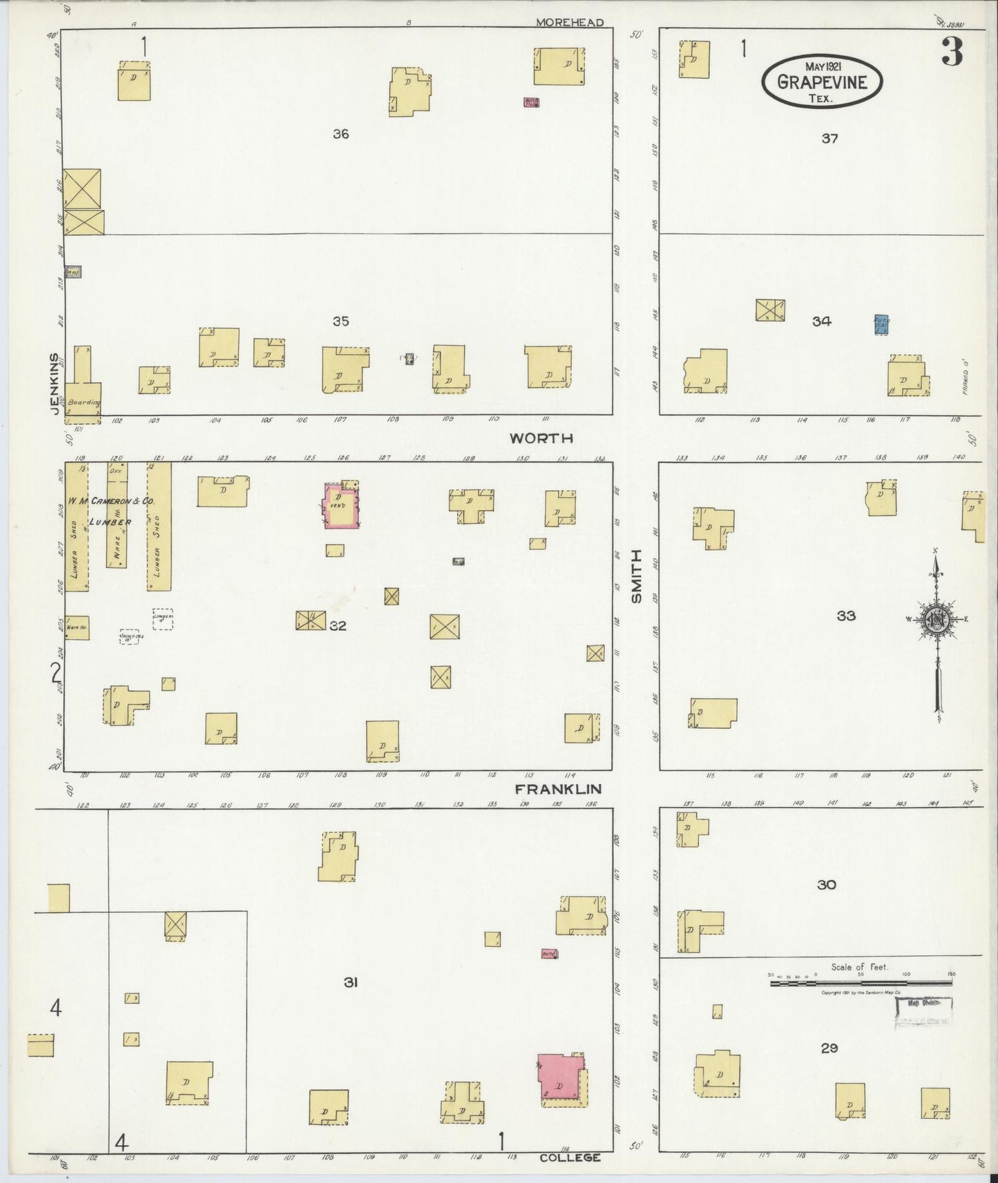 Sanborn Fire Insurance Map from Grapevine, Tarrant County, Texas (1921), Sheet #0003 - Complete Map Set gallery image, historic Sanborn map, vintage wall art, Texas Texas