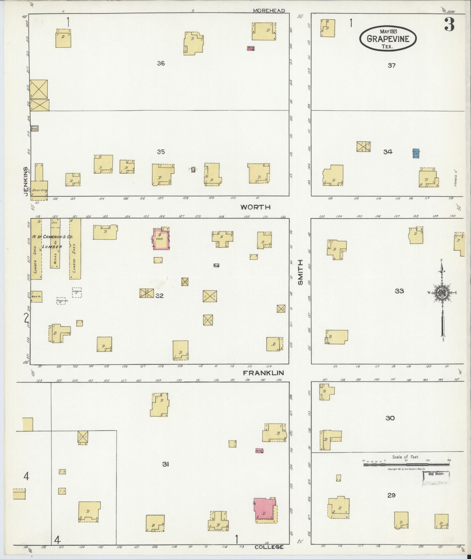 Sanborn Fire Insurance Map from Grapevine, Tarrant County, Texas (1921), Sheet #0003 - Complete Map Set gallery image, historic Sanborn map, vintage wall art, Texas Texas