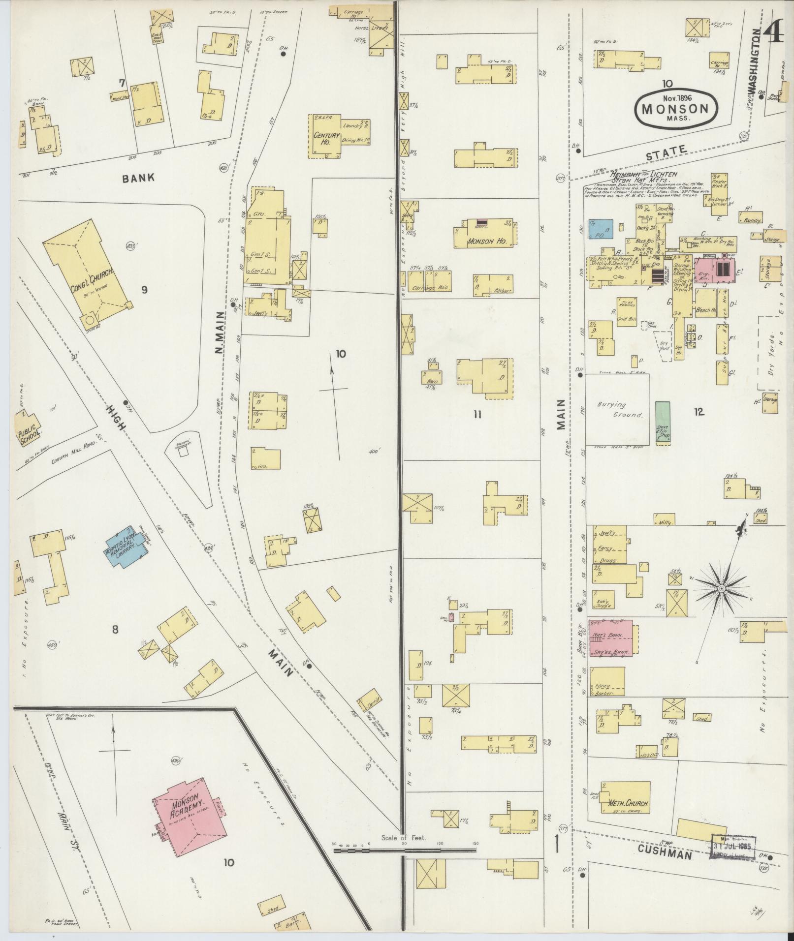 Sanborn Fire Insurance Map from Monson, Hampden County, Massachusetts (1896), Sheet #0004 - Historic Sanborn Fire Insurance Map Print, vintage old map wall art, antique decor, genealogy gift, Massachusetts Massachusetts map