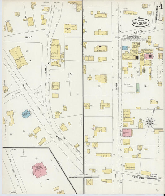 Sanborn Fire Insurance Map from Monson, Hampden County, Massachusetts (1896), Sheet #0004 - Historic Sanborn Fire Insurance Map Print, vintage old map wall art, antique decor, genealogy gift, Massachusetts Massachusetts map