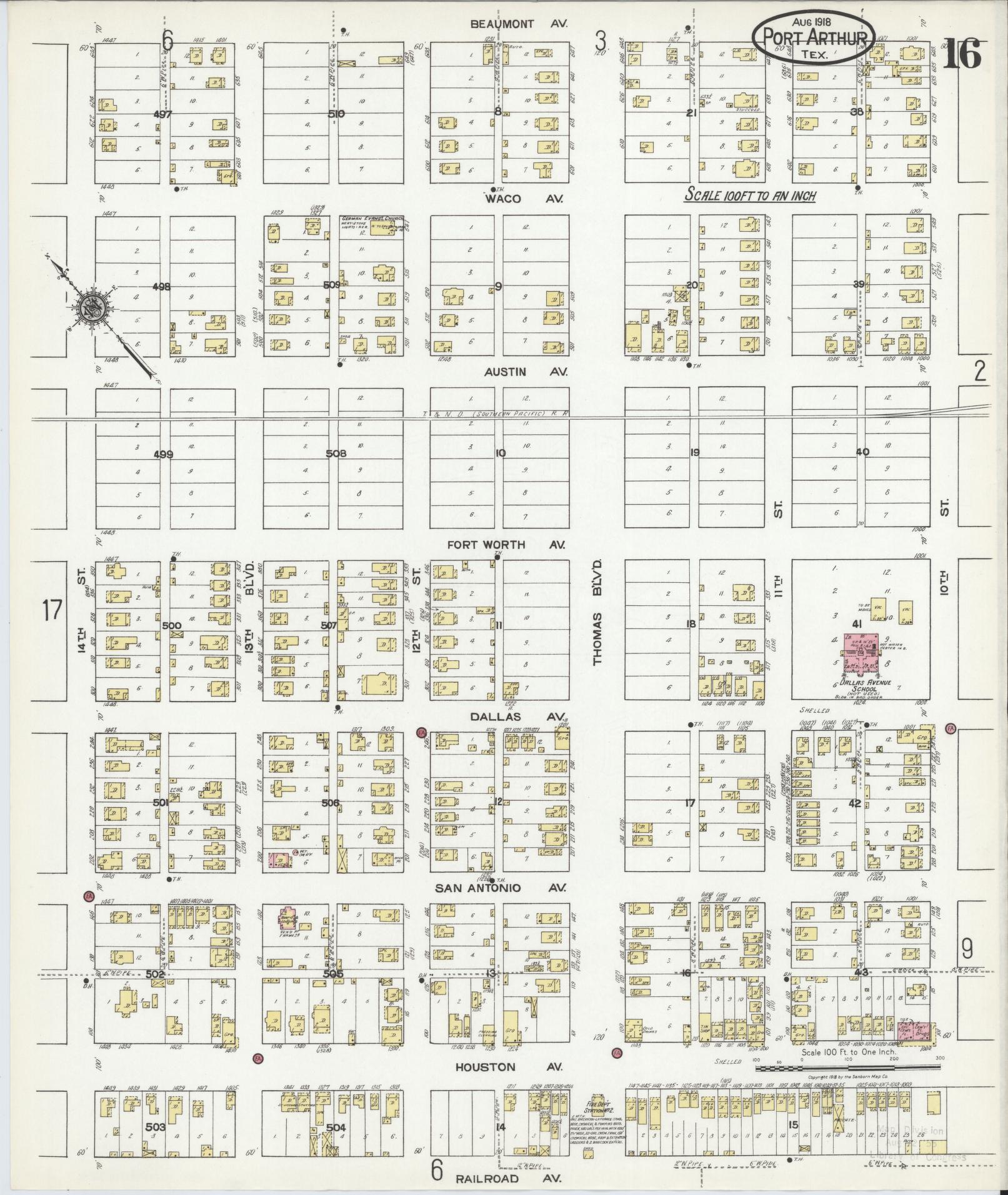 Sanborn Fire Insurance Map from Port Arthur, Jefferson County, Texas (1918), Sheet #0016 - Complete Map Set gallery image, historic Sanborn map, vintage wall art, Texas Texas
