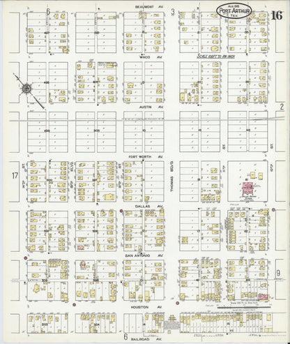 Sanborn Fire Insurance Map from Port Arthur, Jefferson County, Texas (1918), Sheet #0016 - Complete Map Set gallery image, historic Sanborn map, vintage wall art, Texas Texas
