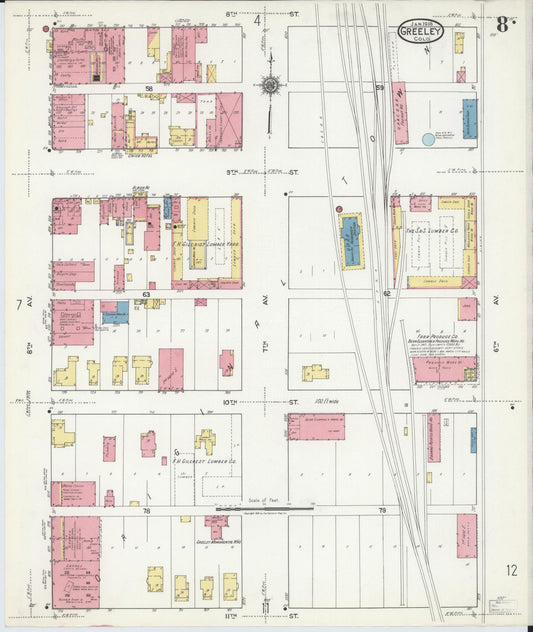 Sanborn Fire Insurance Map from Greeley, Weld County, Colorado (1918), Sheet #0008 - Historic Sanborn Fire Insurance Map Print, vintage old map wall art, antique decor, genealogy gift, Colorado Colorado map