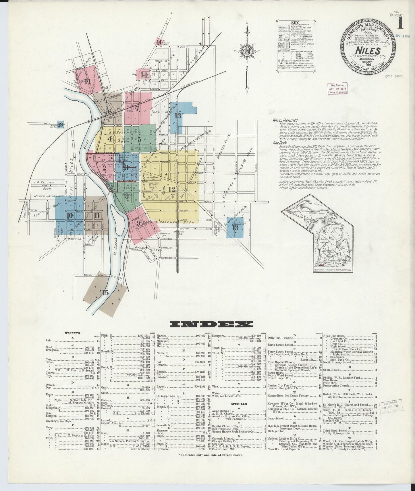 Sanborn Fire Insurance Map from Niles, Berrien County, Michigan (1914), Sheet #0001 - Historic Sanborn Fire Insurance Map Print, vintage old map wall art, antique decor, genealogy gift, Michigan Michigan map