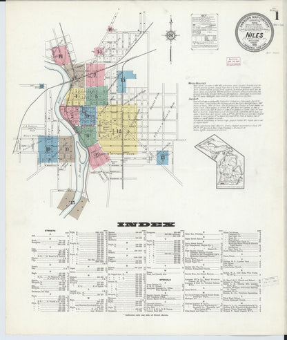 Sanborn Fire Insurance Map from Niles, Berrien County, Michigan (1914), Sheet #0001 - Historic Sanborn Fire Insurance Map Print, vintage old map wall art, antique decor, genealogy gift, Michigan Michigan map