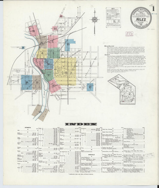Sanborn Fire Insurance Map from Niles, Berrien County, Michigan (1914), Sheet #0001 - Historic Sanborn Fire Insurance Map Print, vintage old map wall art, antique decor, genealogy gift, Michigan Michigan map