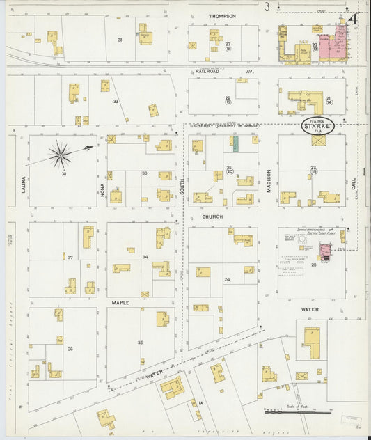 Sanborn Fire Insurance Map from Starke, Bradford County, Florida (1906), Sheet #0004 - Historic Sanborn Fire Insurance Map Print, vintage old map wall art, antique decor, genealogy gift, Florida Florida map