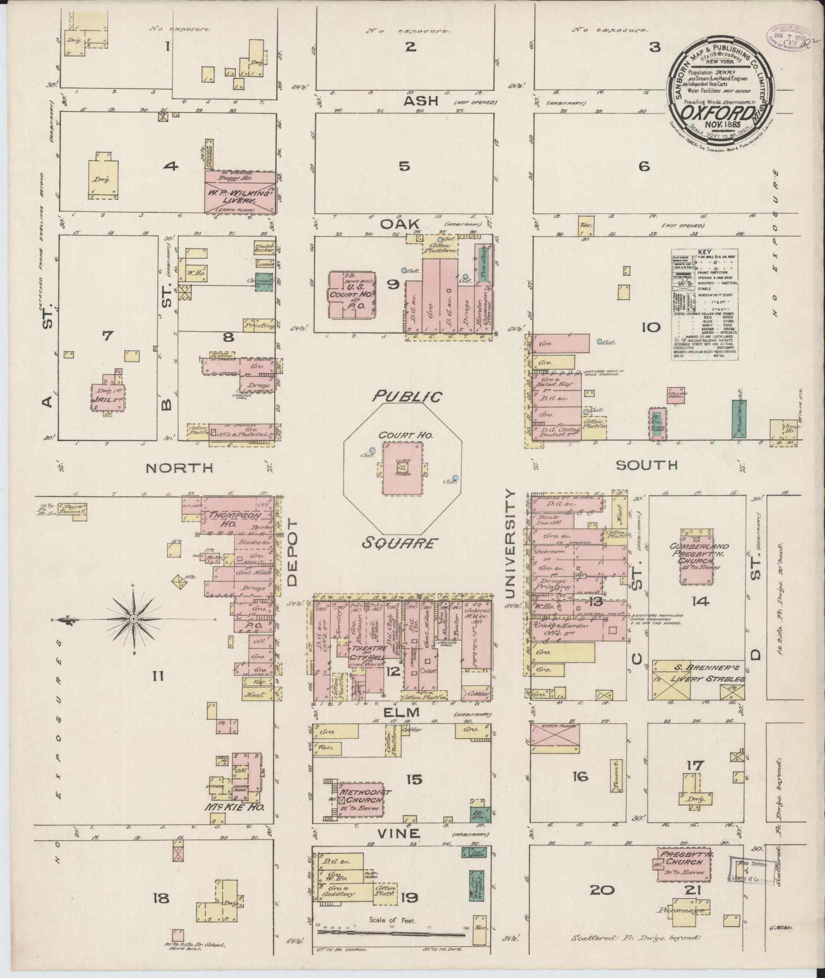 Sanborn Fire Insurance Map from Oxford, Lafayette County, Mississippi (1885), Sheet #0001 - Historic Sanborn Fire Insurance Map Print, vintage old map wall art, antique decor, genealogy gift, Mississippi Mississippi map