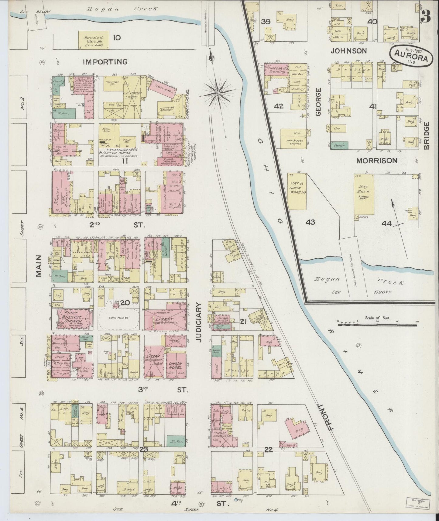 Sanborn Fire Insurance Map from Aurora, Dearborn County, Indiana (1887), Sheet #0003 - Historic Sanborn Fire Insurance Map Print, vintage old map wall art, antique decor, genealogy gift, Indiana Indiana map