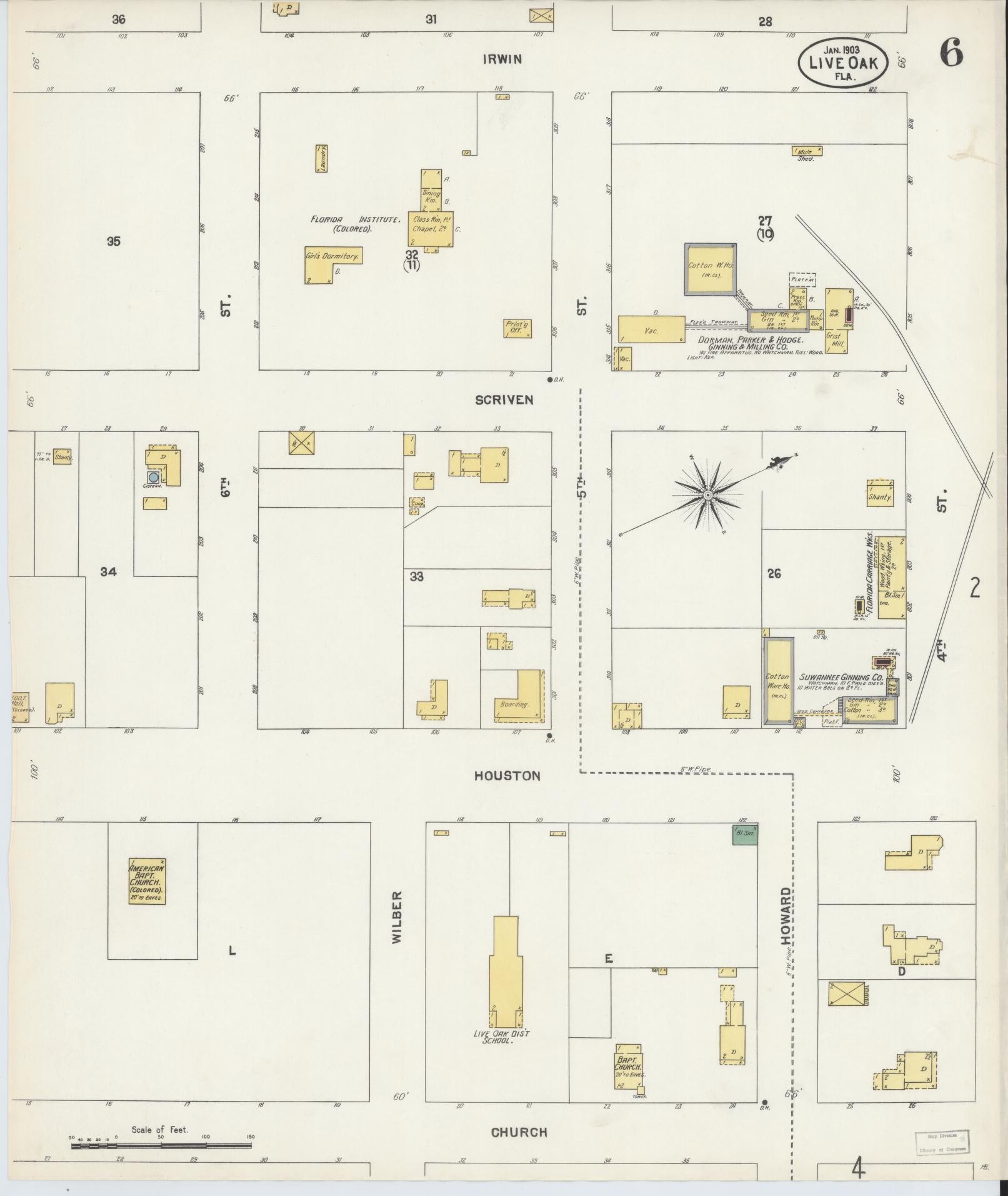 Sanborn Fire Insurance Map from Live Oak, Suwanee County, Florida (1903), Sheet #0006 - Complete Map Set gallery image, historic Sanborn map, vintage wall art, Florida Florida