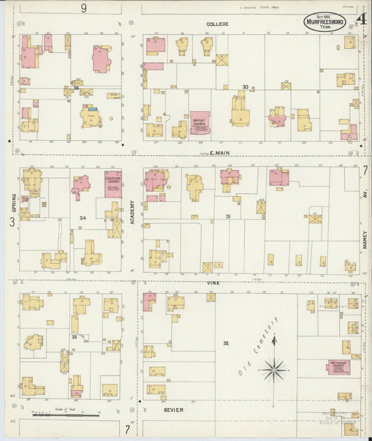 Sanborn Fire Insurance Map from Murfreesboro, Rutherford County, Tennessee (1902), Sheet #0004 - Historic Sanborn Fire Insurance Map Print, vintage old map wall art, antique decor, genealogy gift, Tennessee Tennessee map