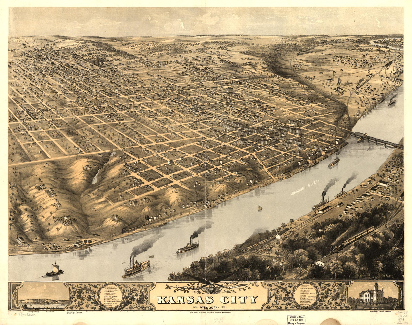 Bird's eye view of Kansas City, Missouri. Jan'y. 1869. (1869) – Historic Bird’s-Eye View Panorama Print