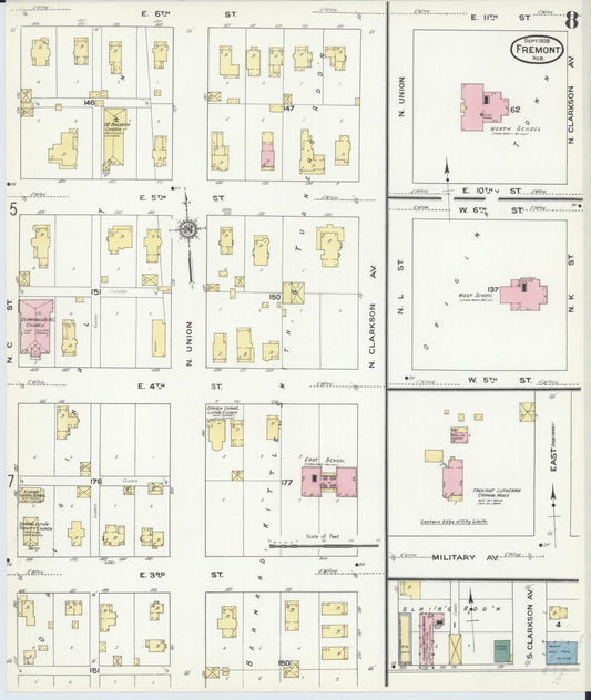 Sanborn Fire Insurance Map from Fremont, Dodge County, Nebraska (1909), Sheet #0008 - Historic Sanborn Fire Insurance Map Print, vintage old map wall art, antique decor, genealogy gift, Nebraska Nebraska map