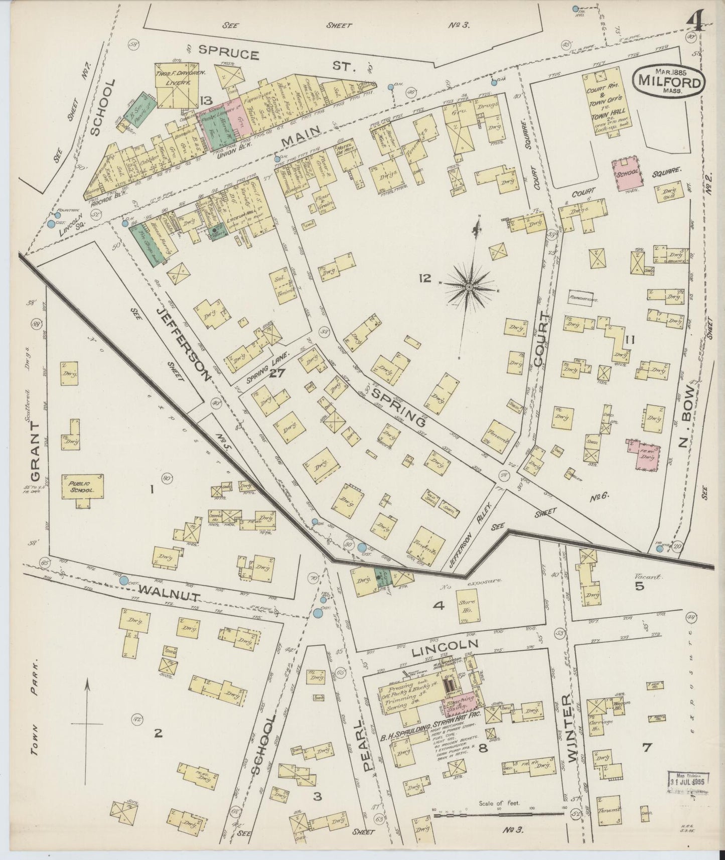 Sanborn Fire Insurance Map from Milford, Worcester County, Massachusetts (1885), Sheet #0004 - Complete Map Set gallery image, historic Sanborn map, vintage wall art, Massachusetts Massachusetts