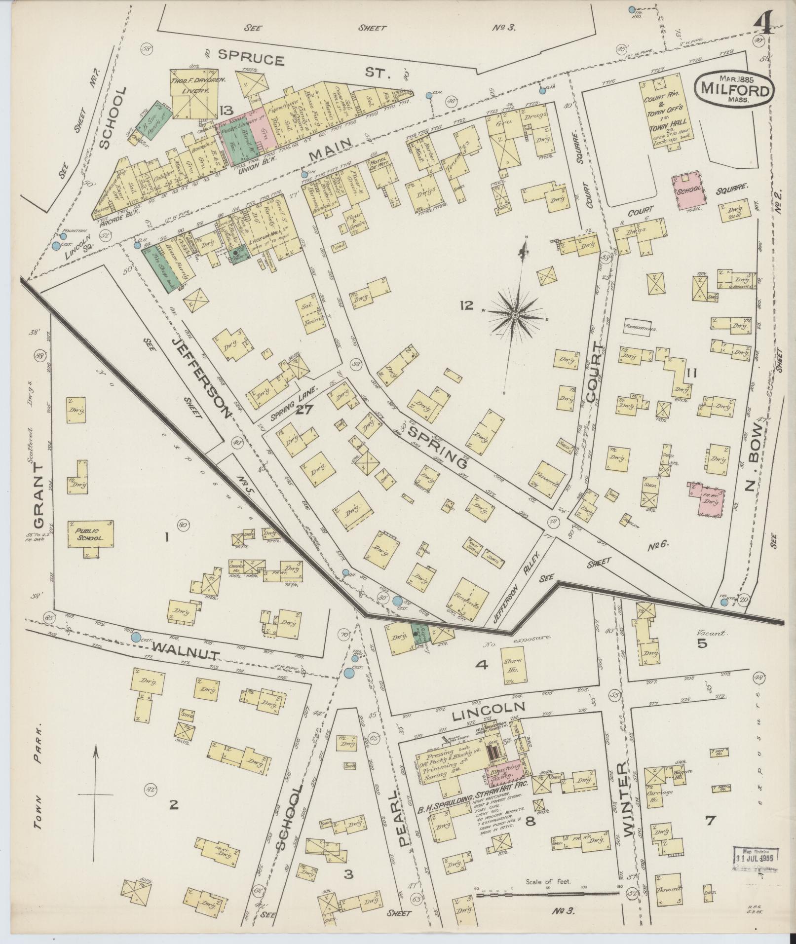 Sanborn Fire Insurance Map from Milford, Worcester County, Massachusetts (1885), Sheet #0004 - Complete Map Set gallery image, historic Sanborn map, vintage wall art, Massachusetts Massachusetts