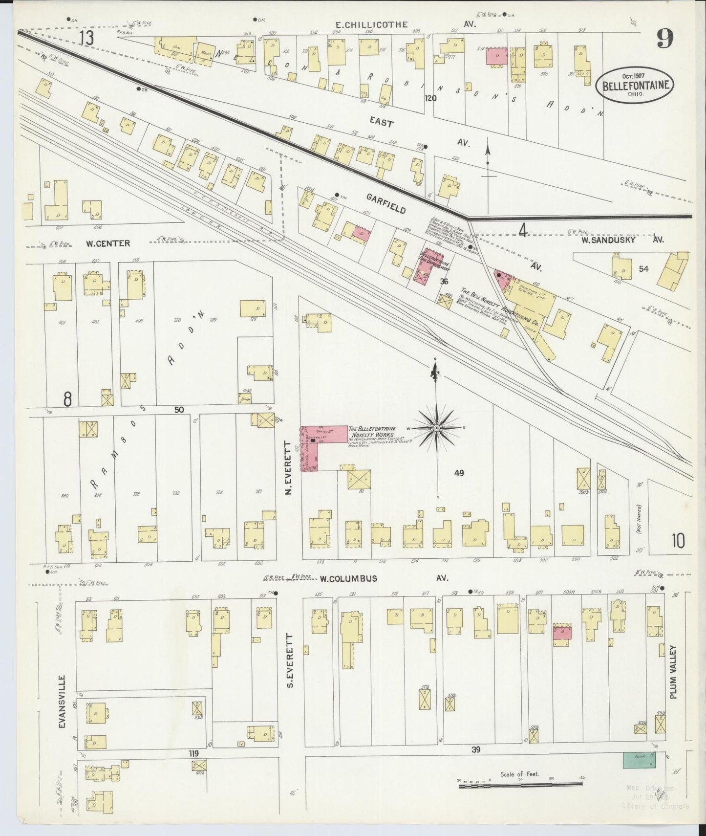 Sanborn Fire Insurance Map from Bellefontaine, Logan County, Ohio (1907), Sheet #0009 - Historic Sanborn Fire Insurance Map Print, vintage old map wall art, antique decor, genealogy gift, Ohio Ohio map