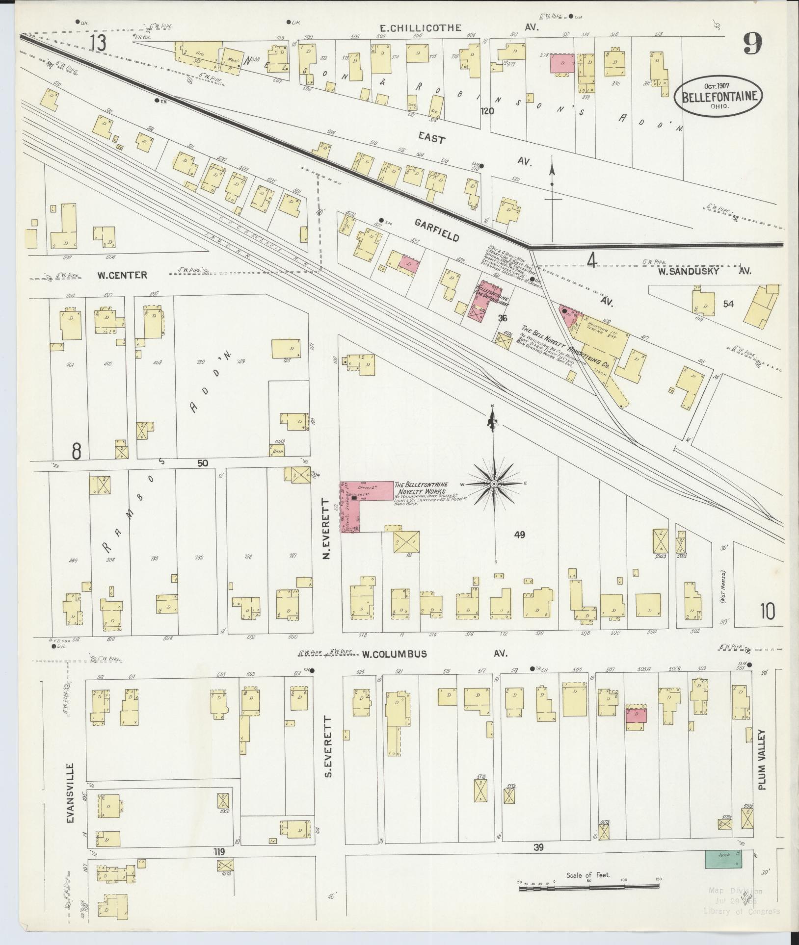 Sanborn Fire Insurance Map from Bellefontaine, Logan County, Ohio (1907), Sheet #0009 - Historic Sanborn Fire Insurance Map Print, vintage old map wall art, antique decor, genealogy gift, Ohio Ohio map