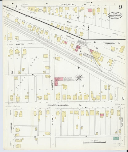 Sanborn Fire Insurance Map from Bellefontaine, Logan County, Ohio (1907), Sheet #0009 - Historic Sanborn Fire Insurance Map Print, vintage old map wall art, antique decor, genealogy gift, Ohio Ohio map