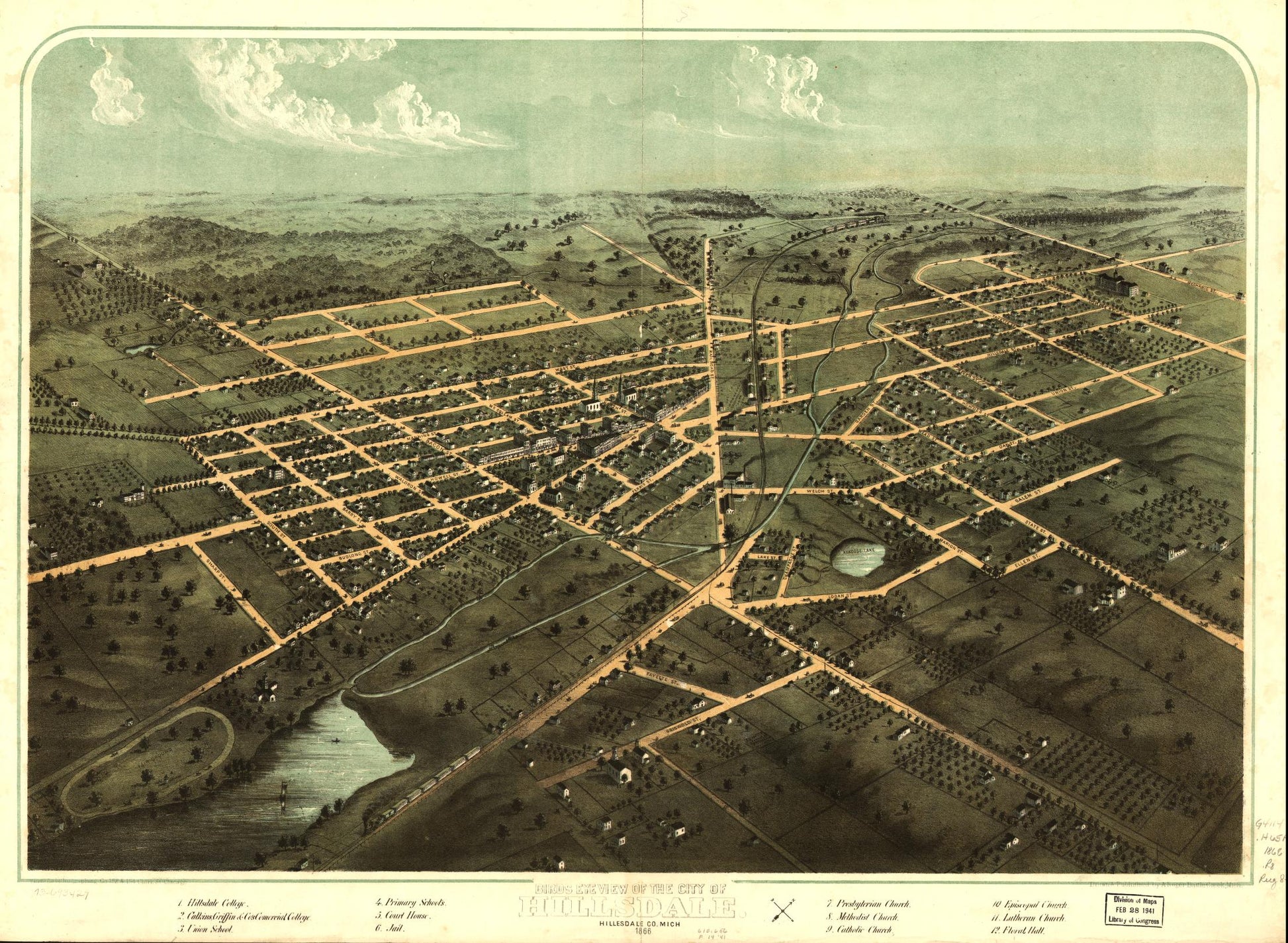 Birds eye view of the city of Hillsdale, Hillsdale Co., Mich. 1866. (1866) – Historic Bird’s-Eye View Panorama Print
